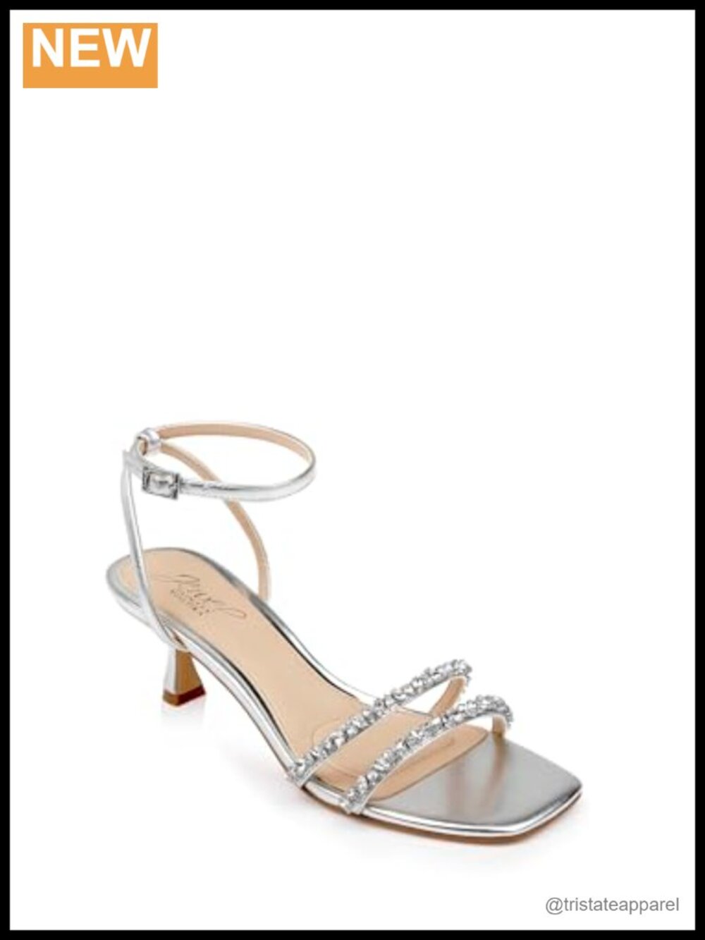 Kitten Heel Sandal with Rhinestone Ankle Strap, Satin Vegan Metallic